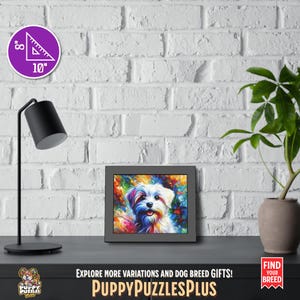 Colorful horizontal 10"x8" (25.4 x 20.3 cm) Maltese Dog acrylic art print displayed on a white brick wall. This lively Maltese Terrier piece is perfect for dog lovers, breed owners, and pet enthusiasts. Also available as a poster-only option. Ideal for living rooms, bedrooms, or offices. The footer in the image includes the Puppy Puzzles Plus logo, bright yellow “PuppyPuzzlesPlus”, “Explore more variations and dog breed gifts!” and a red ribbon with “Find Your Breed”