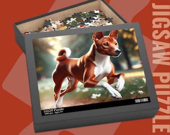 Basenji-Hund-Puzzle, Kastanienroter Basenji, der im Park läuft, Geschenk, Familienpuzzle 120 | 252 | 500-teiliges Puzzle