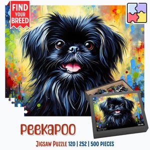 Può includere: Un puzzle colorato con un cane pechinese nero con un'espressione felice. Il puzzle è disponibile in 120, 252 e 500 pezzi. La scatola del puzzle ha uno sfondo nero con il testo "Peekaboo" in rosso.