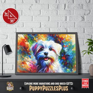 Striking horizontal 36"x24" (91.4 x 61 cm) Maltese Dog acrylic art print displayed on a white brick wall. This vivid dog art poster is a perfect gift for dog lovers and Maltese Terrier enthusiasts. Also available as a poster-only option. Ideal for living rooms or offices. The footer in the image includes the Puppy Puzzles Plus logo, bright yellow “PuppyPuzzlesPlus”, “Explore more variations and dog breed gifts!” and a red ribbon with “Find Your Breed”