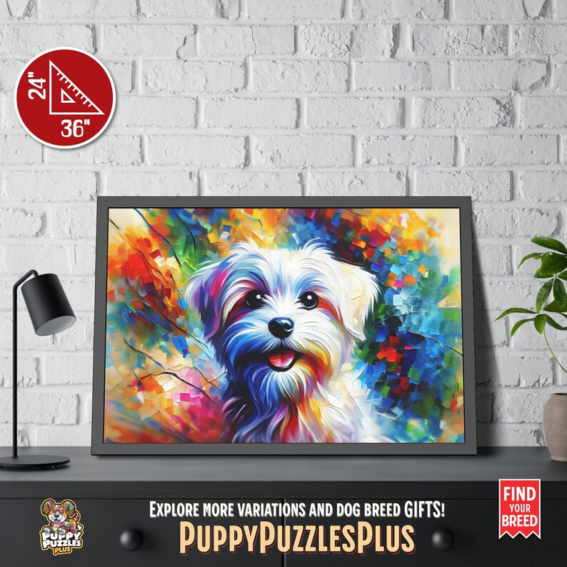 Striking horizontal 36"x24" (91.4 x 61 cm) Maltese Dog acrylic art print displayed on a white brick wall. This vivid dog art poster is a perfect gift for dog lovers and Maltese Terrier enthusiasts. Also available as a poster-only option. Ideal for living rooms or offices. The footer in the image includes the Puppy Puzzles Plus logo, bright yellow “PuppyPuzzlesPlus”, “Explore more variations and dog breed gifts!” and a red ribbon with “Find Your Breed”