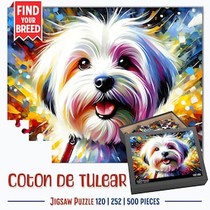Quebra-cabeça de cachorro de algodão de tulear | Retrato impresso em acrílico para presente | 120/252/500 peças | Presentes de algodão para família, crianças e amantes de cães
