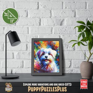 Lively vertical 11"x14" (27.9 x 35.6 cm) Maltese Dog acrylic art print hanging on a white brick wall. A vivid dog art poster perfect for pet lovers and Maltese Terrier enthusiasts. Also available as a poster-only option. Ideal for offices, bedrooms, or hallways. The footer in the image includes the Puppy Puzzles Plus logo, bright yellow “PuppyPuzzlesPlus”, “Explore more variations and dog breed gifts!” and a red ribbon with “Find Your Breed”