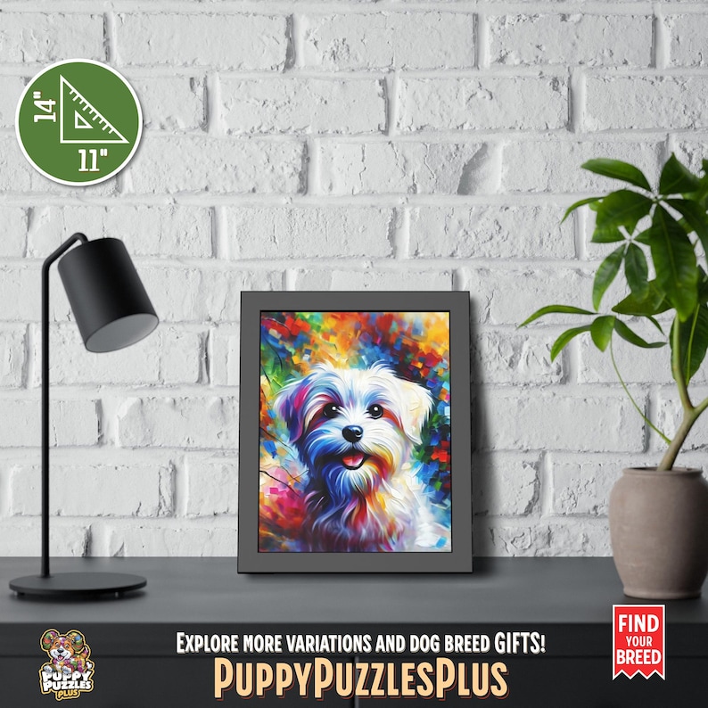 Lively vertical 11"x14" (27.9 x 35.6 cm) Maltese Dog acrylic art print hanging on a white brick wall. A vivid dog art poster perfect for pet lovers and Maltese Terrier enthusiasts. Also available as a poster-only option. Ideal for offices, bedrooms, or hallways. The footer in the image includes the Puppy Puzzles Plus logo, bright yellow “PuppyPuzzlesPlus”, “Explore more variations and dog breed gifts!” and a red ribbon with “Find Your Breed”