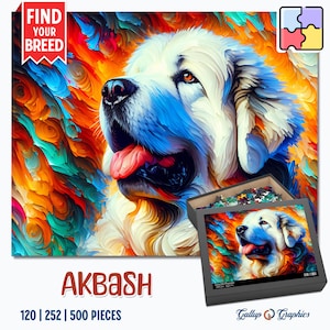 Puede incluir: Una pintura abstracta colorida de un perro Akbash blanco con un fondo azul y naranja. El perro está mirando hacia arriba y tiene la lengua fuera. La pintura está titulada "Akbash" y tiene el texto "120 | 252 | 500 piezas" debajo. La imagen también muestra una caja de piezas de rompecabezas con una imagen más pequeña del perro en la caja.
