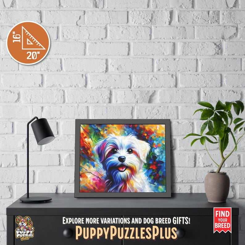 Eye-catching horizontal 20"x16" (50.8 x 40.6 cm) Maltese Dog acrylic art print displayed on a white brick wall. This colorful Maltese Terrier piece is a great gift for dog lovers and breed owners. Also available as a poster-only option. Perfect for living room or office walls. The footer in the image includes the Puppy Puzzles Plus logo, bright yellow “PuppyPuzzlesPlus”, “Explore more variations and dog breed gifts!” and a red ribbon with “Find Your Breed”