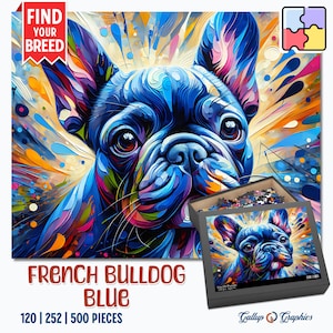 French Bulldog Dog Blue Jigsaw Puzzle | Acrylic Art Print Portrait Gift | 120 / 252 / 500 Pieces | Gifts for Family, Kids, Pet Dog Lovers