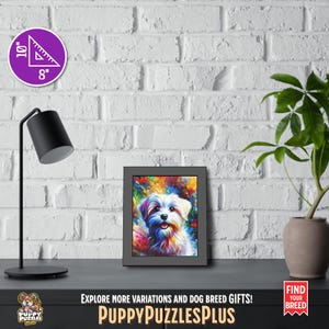 Vivid vertical 8"x10" (20.3 x 25.4 cm) Maltese Dog acrylic art print hanging on a white brick wall. This striking Maltese Terrier dog art poster makes a wonderful gift for breed enthusiasts and pet lovers. Also available as a poster-only option. Perfect for hallway or office display. The footer in the image includes the Puppy Puzzles Plus logo, bright yellow “PuppyPuzzlesPlus”, “Explore more variations and dog breed gifts!” and a red ribbon with “Find Your Breed”
