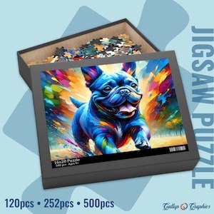 French Bulldog Dog Blue Jigsaw Puzzle | Acrylic Art Print Gift | 120 / 252 / 500 Pieces | Frenchie Gifts for Family, Kids, Pet Dog Lovers