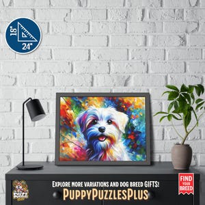 Vivid horizontal 24"x18" (61 x 45.7 cm) Maltese Dog acrylic art print displayed on a white brick wall. This colorful dog art poster is ideal for Maltese Terrier lovers and breed enthusiasts. Also available as a poster-only option. Great for living rooms or offices. The footer in the image includes the Puppy Puzzles Plus logo, bright yellow “PuppyPuzzlesPlus”, “Explore more variations and dog breed gifts!” and a red ribbon with “Find Your Breed”