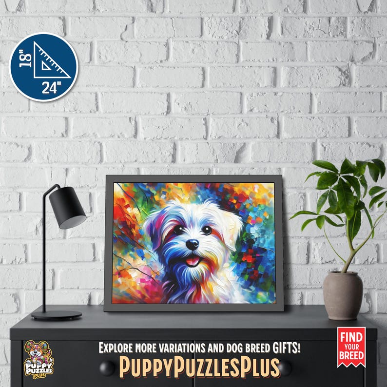 Vivid horizontal 24"x18" (61 x 45.7 cm) Maltese Dog acrylic art print displayed on a white brick wall. This colorful dog art poster is ideal for Maltese Terrier lovers and breed enthusiasts. Also available as a poster-only option. Great for living rooms or offices. The footer in the image includes the Puppy Puzzles Plus logo, bright yellow “PuppyPuzzlesPlus”, “Explore more variations and dog breed gifts!” and a red ribbon with “Find Your Breed”