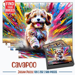 May include: A colorful jigsaw puzzle featuring a Cavapoo puppy running through a burst of colorful paint. The puzzle is available in 120, 252, and 500 pieces.