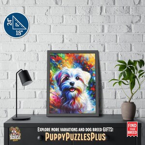 Colorful vertical 18"x24" (45.7 x 61 cm) Maltese Dog acrylic art print hanging on a white brick wall. A lively Maltese Terrier art poster perfect for breed owners and pet lovers. Also available as a poster-only option. Perfect for hallways or bedrooms. The footer in the image includes the Puppy Puzzles Plus logo, bright yellow “PuppyPuzzlesPlus”, “Explore more variations and dog breed gifts!” and a red ribbon with “Find Your Breed”
