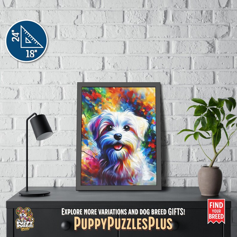 Colorful vertical 18"x24" (45.7 x 61 cm) Maltese Dog acrylic art print hanging on a white brick wall. A lively Maltese Terrier art poster perfect for breed owners and pet lovers. Also available as a poster-only option. Perfect for hallways or bedrooms. The footer in the image includes the Puppy Puzzles Plus logo, bright yellow “PuppyPuzzlesPlus”, “Explore more variations and dog breed gifts!” and a red ribbon with “Find Your Breed”