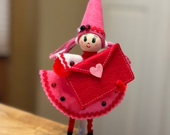 Valentine's Day Pixie Girl Doll Handmade Pink White Red Hearts Love Letter Mail Felt Chenille Stems