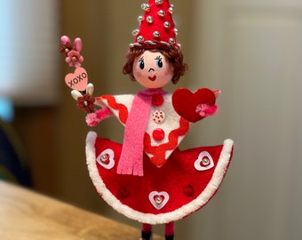 Valentine's Day Pixie Girl Doll Handmade Pink Red White Silver Hearts Love Flower Felt Chenille Stems