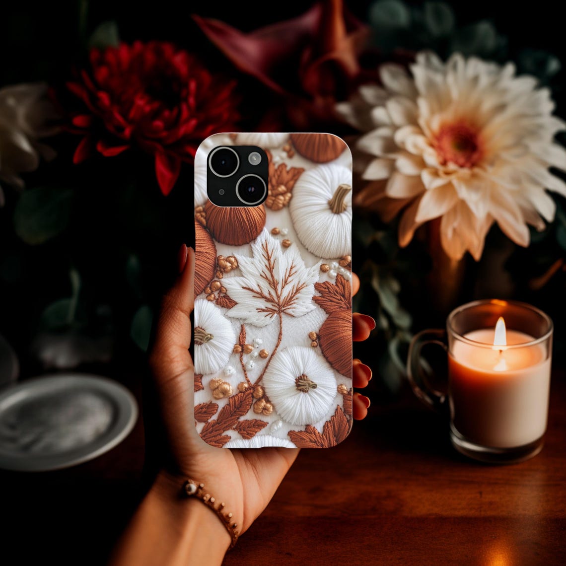 Fall Phone Case Embroidered effect Fall Leaf Art, Simple Pumpkins and leaves, Tough phone case for iPhone 15 14 13, Samsung S24 23 22 image 5