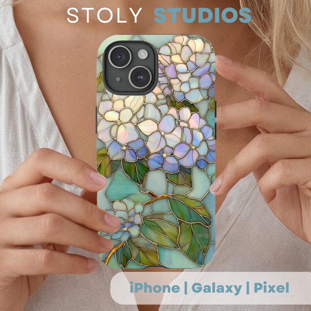 Hydrangea Phone Case, Stained Glass Floral Design, Pastel Flower iPhone
