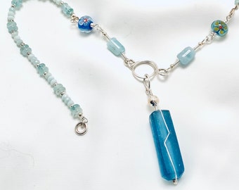 Minimalist Boho Necklace with aquamarine and mixed beads,  Sea glass pendant.  Signature hand forged Silver Clasp / Tones of blue & seafoam,