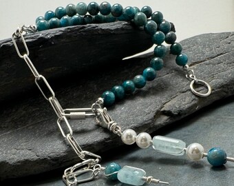 Blue Apatite and silver paper clip chain necklace.   Carabiner link.  Aquamarine and pearl pendant.