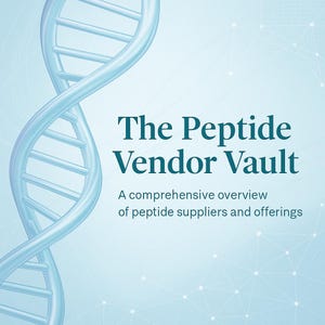 May include: A light blue graphic with a DNA helix on the left side and the text "The Peptide Vendor Vault" in dark teal. Below, it reads "A comprehensive overview of peptide suppliers and offerings."