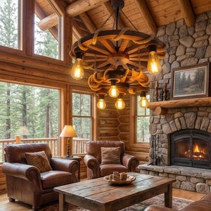 Lustre rustique avec roue de chariot | Plafonnier en bois teinté noyer, luminaire en corde de ferme