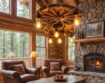 Rustic Wagon Wheel Chandelier | Walnut Stained Wood Ceiling Light, Farmhouse Rope Lighting Fixture