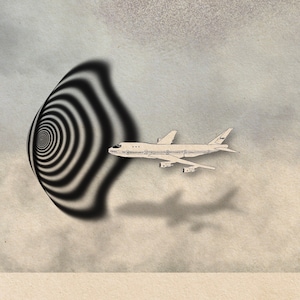 May include: A white airplane flies through a cloudy sky with a black and white spiral pattern in the foreground.