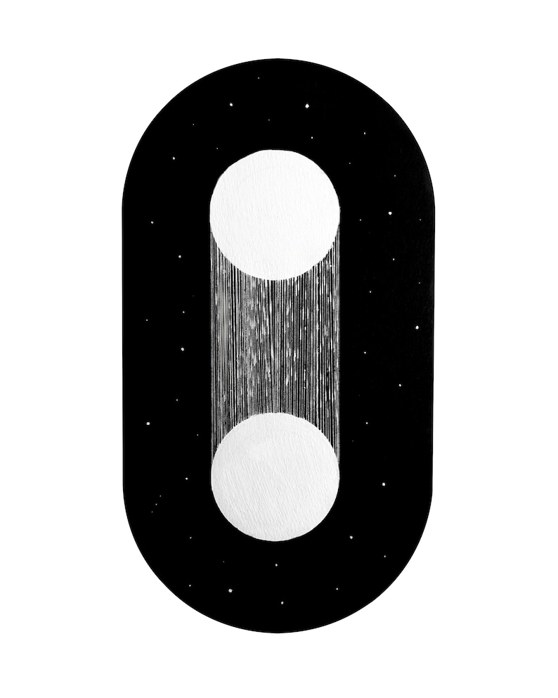 May include: A black oval with a white circle at the top and bottom. The circles are surrounded by a white line that looks like a waterfall. The background is black with white dots.