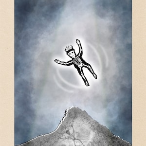 Op de afbeelding: Een zwart-witte illustratie van een skelet met een hoed, dat uit de lucht valt naar een gebarsten, grijze rotsformatie.