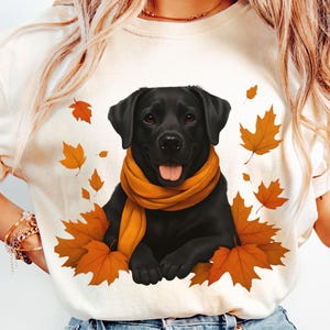 Black Lab Dog Sublimation Png, Fall Black Labrador Retriever with Leaves, Floral Dog Cartoon Drawing JPG, Cute Puppy Pet Printable