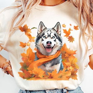 Husky Dog Sublimation Png, Fall Siberian Husky Dog with Flowers, Floral Dog Cartoon Drawing JPG, Cute Puppy Pet Printable
