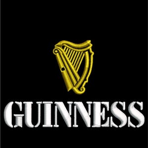 May include: A black and white logo with the word "GUINNESS" in white and a gold harp design.