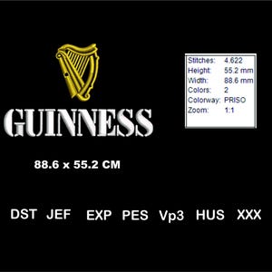 Pode incluir: Logotipo GUINNESS bordado em branco com um design de harpa dourada. O logotipo mede 88,6 cm por 55,2 cm. A imagem tamb&eacute;m inclui informa&ccedil;&otilde;es sobre o arquivo de bordado, incluindo o n&uacute;mero de pontos, a altura, a largura, as cores, a gama de cores e o zoom.