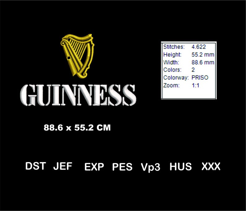 Pode incluir: Logotipo GUINNESS bordado em branco com um design de harpa dourada. O logotipo mede 88,6 cm por 55,2 cm. A imagem tamb&eacute;m inclui informa&ccedil;&otilde;es sobre o arquivo de bordado, incluindo o n&uacute;mero de pontos, a altura, a largura, as cores, a gama de cores e o zoom.