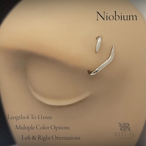 Puede incluir: Primer plano de un piercing de nariz de niobio plateado. La imagen muestra el texto "Niobio", "Longitudes de 6 a 11 mm", "Múltiples opciones de color" y "Orientaciones izquierda y derecha". Joyería de Ritual Body Jewelry.
