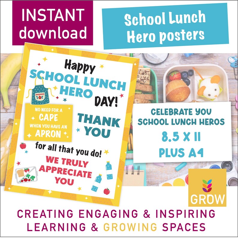 Puede incluir: Un conjunto de carteles coloridos con el texto "School Lunch Hero" y "Happy School Lunch Hero Day!". El dise&ntilde;o incluye un gr&aacute;fico de delantal y las palabras "Thank You". Los carteles miden 21,6 x 27,9 cm y A4.