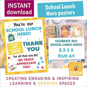 Puede incluir: Un conjunto de carteles coloridos con los textos "School Lunch Hero" y "Thank You". El dise&ntilde;o incluye ilustraciones de un delantal, alimentos y estrellas. Los carteles est&aacute;n disponibles en tama&ntilde;os de 21,6 x 27,9 cm y A4.