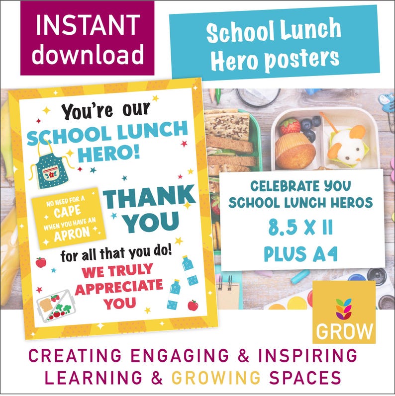 Puede incluir: Un conjunto de carteles coloridos con los textos "School Lunch Hero" y "Thank You". El dise&ntilde;o incluye ilustraciones de un delantal, alimentos y estrellas. Los carteles est&aacute;n disponibles en tama&ntilde;os de 21,6 x 27,9 cm y A4.