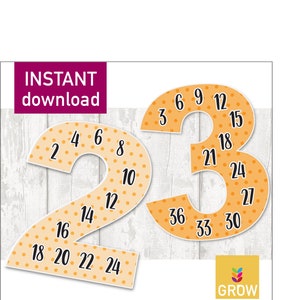 May include: Orange and white polka dot number 2 and 3 cutouts with numbers 2-24 on the number 2 and 3-36 on the number 3. The text "INSTANT download" is in a purple box at the top of the image. The text "CREATING ENGAGING & INSPIRING LEARNING & GROWING SPACES" is at the bottom of the image. The text "GROW" is in a green box with a green plant icon.
