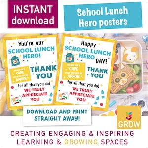 Puede incluir: Se muestran dos carteles coloridos con el texto "School Lunch Hero" y "Thank You". Los carteles tienen un borde amarillo y presentan ilustraciones de delantales y comida. La frase "Descarga instant&aacute;nea" est&aacute; en la parte superior.