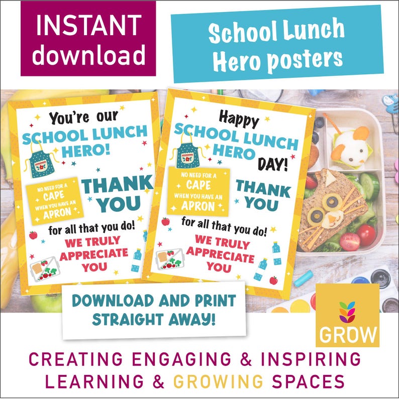 Puede incluir: Se muestran dos carteles coloridos con el texto "School Lunch Hero" y "Thank You". Los carteles tienen un borde amarillo y presentan ilustraciones de delantales y comida. La frase "Descarga instant&aacute;nea" est&aacute; en la parte superior.