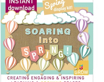 Kit de tablón de anuncios de primavera / Decoración digital para el aula con globos aerostáticos