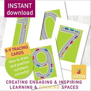May include: A set of ten printable tracing cards featuring numbers 0-9. Each number is a road with cars driving along it. The cards are green with a gray road and colorful cars. The text "0-9 Tracing Cards" and "How to draw and practice numbers correctly!" is included on the cards.
