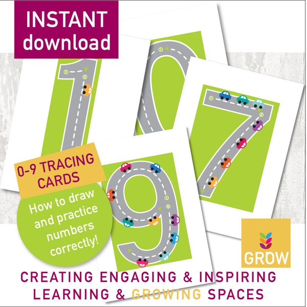 Number tracing flashcards posters printable | cars road theme | writing numbers practise | school office educator custom classroom sign
