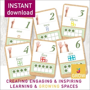May include: Set of six printable cards featuring numbers 1 through 6 with corresponding hand gestures, number words, and ten frames. Each card has a burlap background and green border.