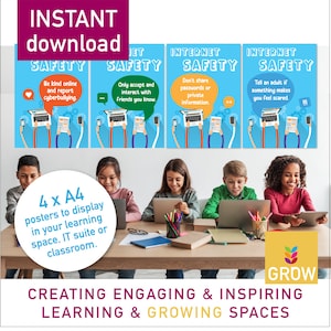 May include: Four children are sitting at a table using laptops and tablets.  They are looking at posters on the wall behind them that say "Internet Safety" with tips for staying safe online.  The posters are blue with white text and colorful illustrations.  The posters are 4 x A4 size.  The text at the bottom of the image says "Creating Engaging & Inspiring Learning & Growing Spaces".