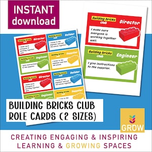 May include: Building Bricks Club role cards with different coloured backgrounds and images of LEGO bricks. The cards have different roles for a building activity, such as Director, Engineer, Builder, and Supplier. The text on the cards describes the role of each person.