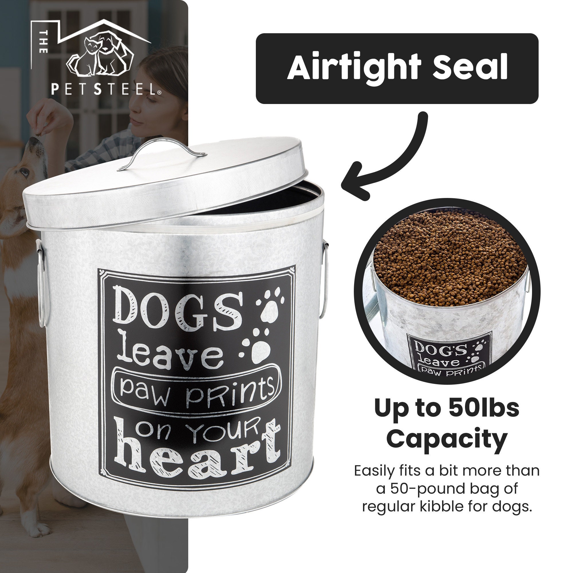 The Petsteel Silver Large Rustic up to 50lb Pet Food Storage Container