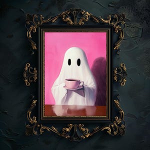 Pink Ghost with coffee Halloween wall art | Trendy Ghost Pink Background Print | Spooky Wall Art | Halloween Wall decor | Digital Download